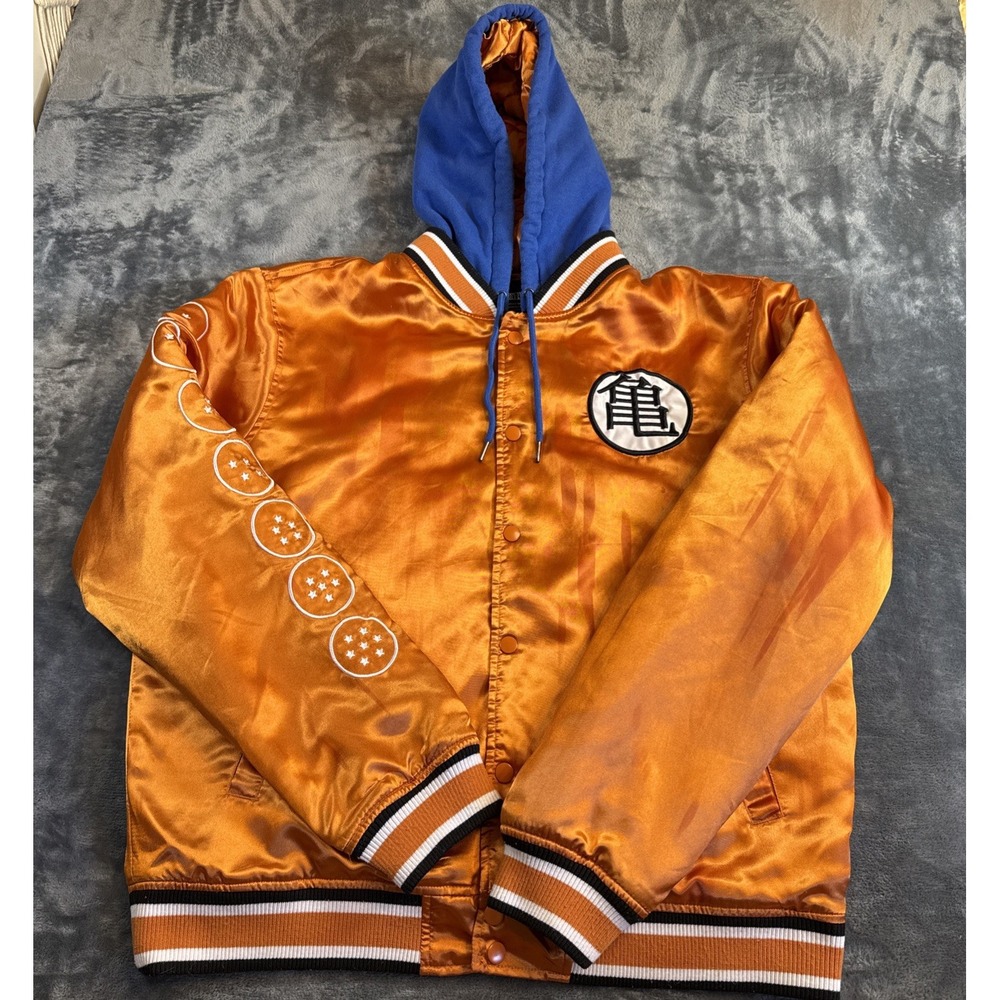Dragon Ball Z Son Goku Jacket Large Orange Hooded Quilted Satiny Bomber Anime